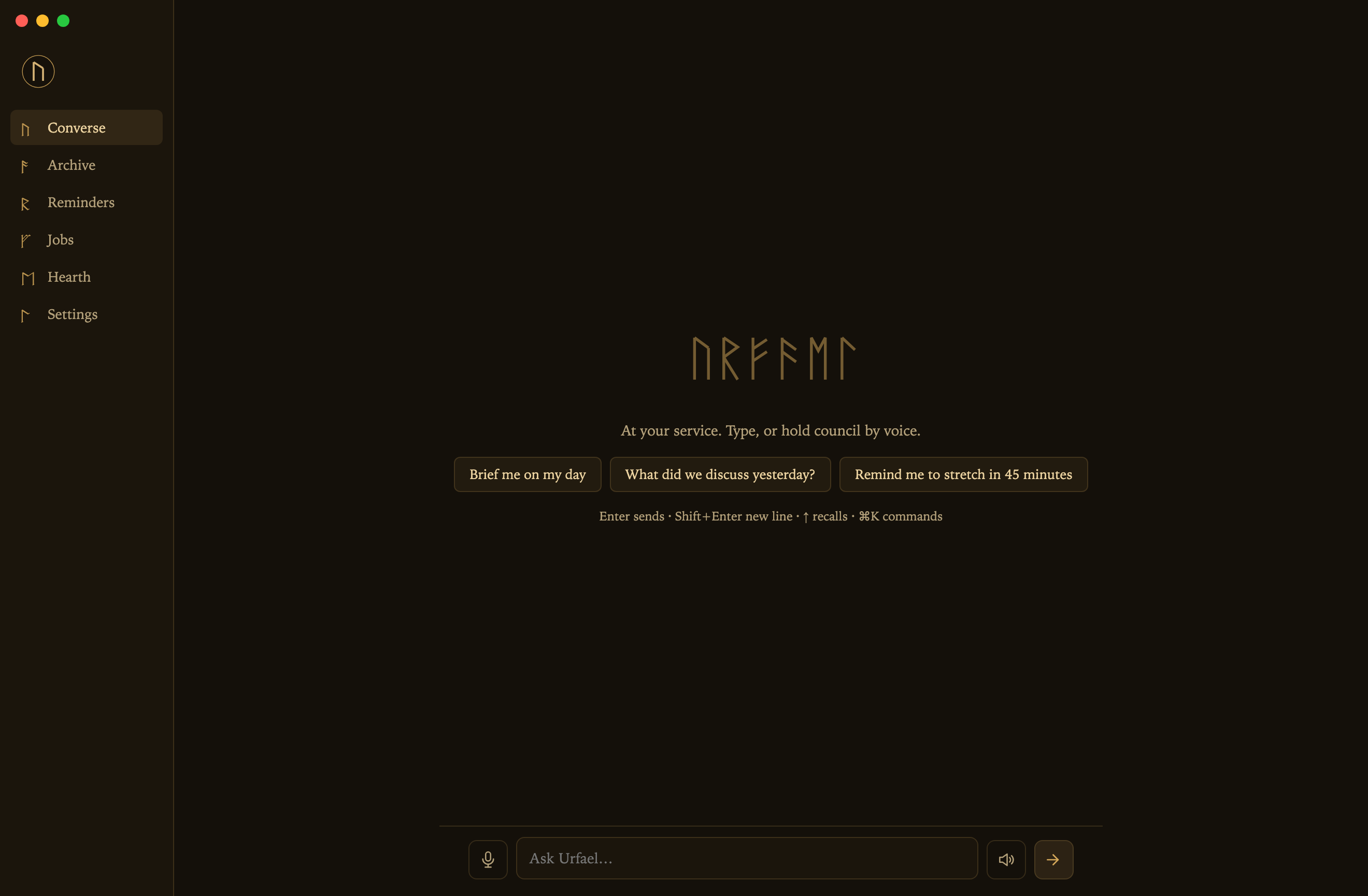 The Urfael Console, a gold-on-dark desktop app